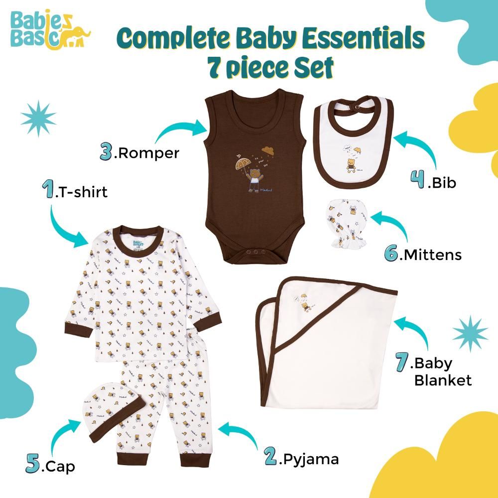 Babies Basic - 7pc Cotton Set - Bib, Romper, Mittens, Blanket, Cap, Top & Pyjama - White/Brown