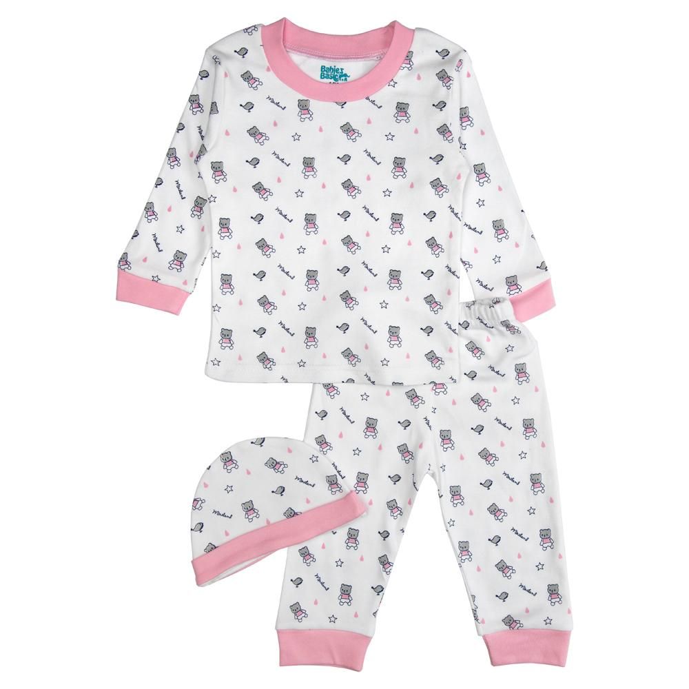 Babies Basic - 7pc Cotton Set - Bib, Romper, Mittens, Blanket, Cap, Top & Pyjama - Teddy Bear - Pink