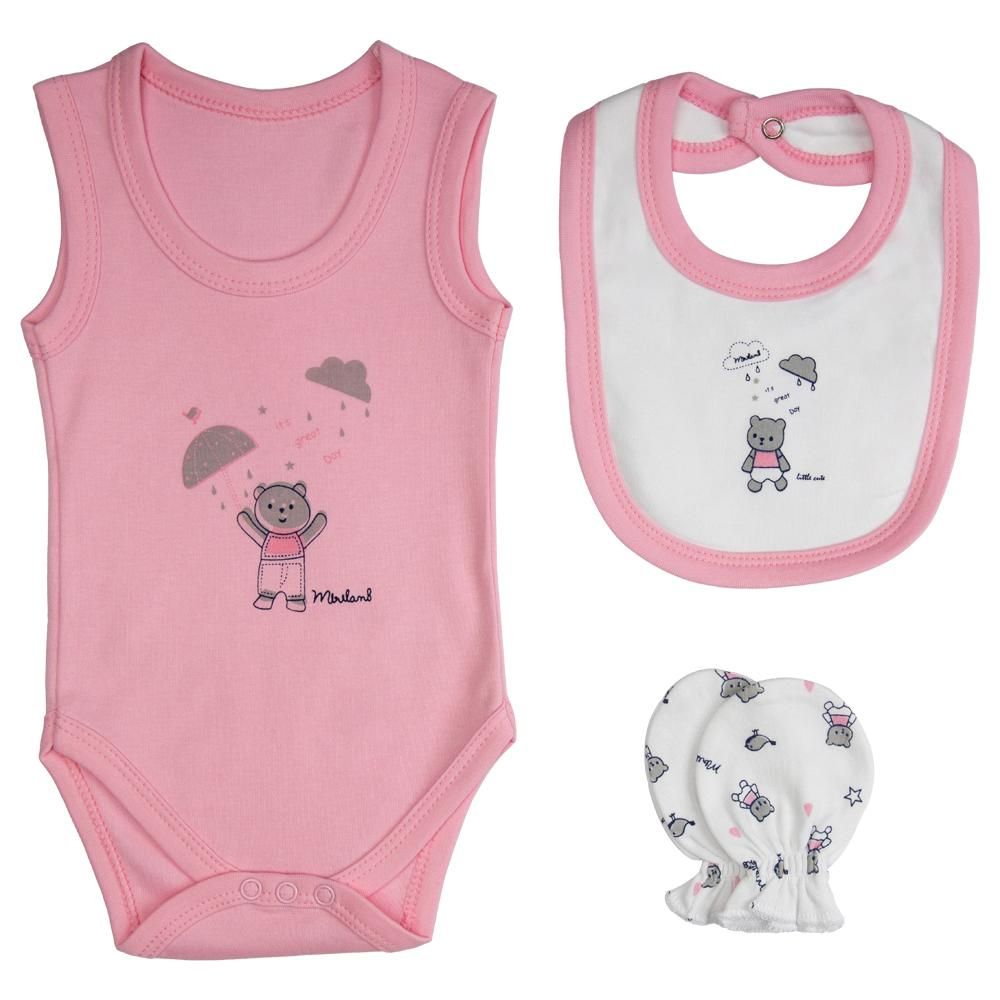 Babies Basic - 7pc Cotton Set - Bib, Romper, Mittens, Blanket, Cap, Top & Pyjama - Teddy Bear - Pink