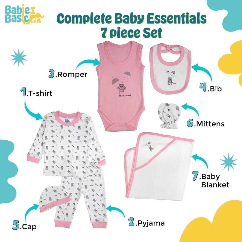 Babies Basic - 7pc Cotton Set - Bib, Romper, Mittens, Blanket, Cap, Top & Pyjama - Teddy Bear - Pink