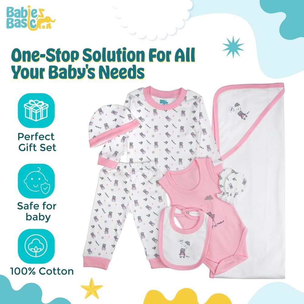 Babies Basic - 7pc Cotton Set - Bib, Romper, Mittens, Blanket, Cap, Top & Pyjama - Teddy Bear - Pink