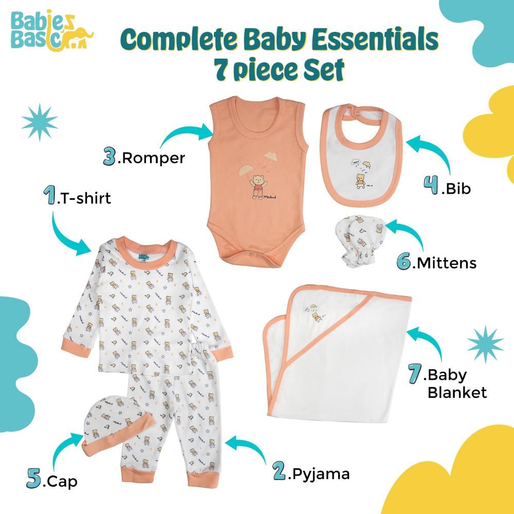 Babies Basic - 7pc Cotton Set - Bib, Romper, Mittens, Blanket, Cap, Top & Pyjama - Teddy Bear - Rose