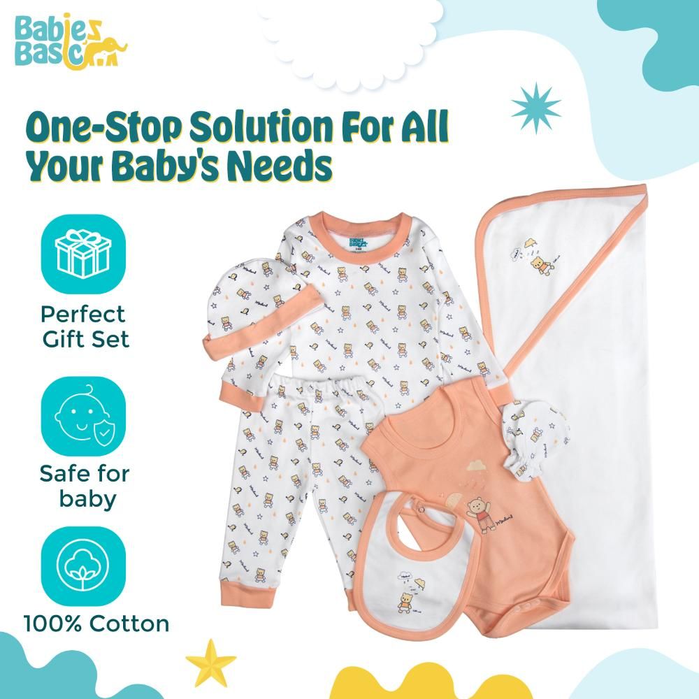 Babies Basic - 7pc Cotton Set - Bib, Romper, Mittens, Blanket, Cap, Top & Pyjama - Teddy Bear - Rose