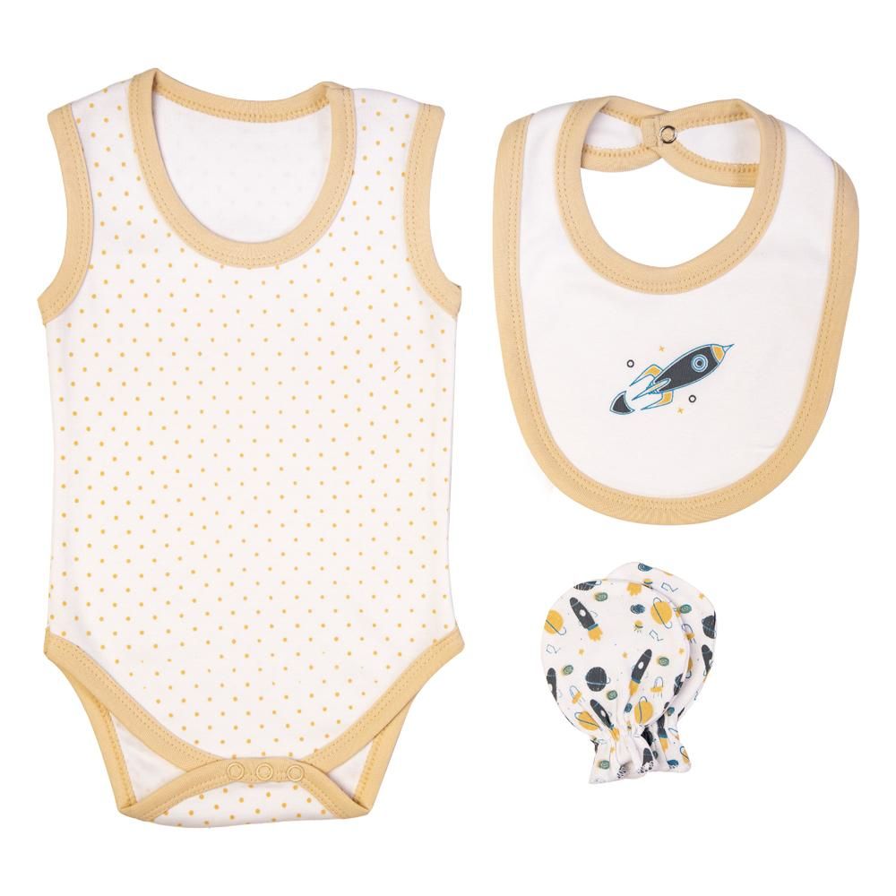 Babies Basic - 7pc Cotton Set - Bib, Romper, Mittens, Blanket, Cap, Top & Pyjama - Rocket - Beige