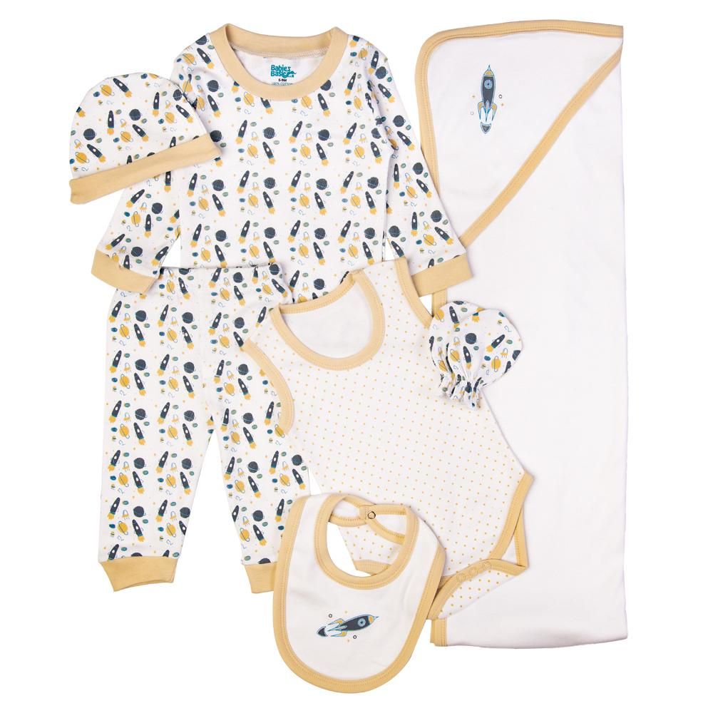 Babies Basic - 7pc Cotton Set - Bib, Romper, Mittens, Blanket, Cap, Top & Pyjama - Rocket - Beige