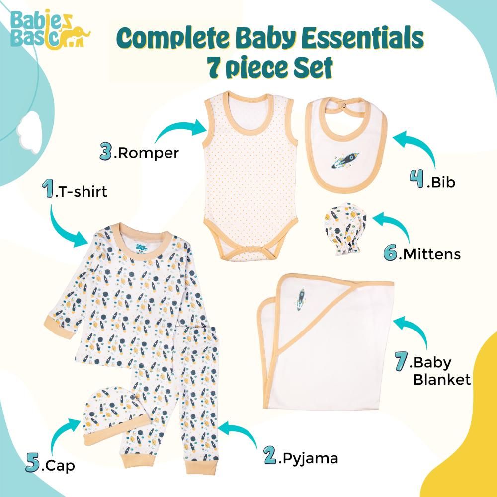 Babies Basic - 7pc Cotton Set - Bib, Romper, Mittens, Blanket, Cap, Top & Pyjama - Rocket - Beige