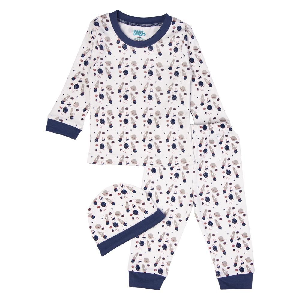 Babies Basic - 7pc Cotton Set - Bib, Romper, Mittens, Blanket, Cap, Top & Pyjama - Rocket - Navy Blue