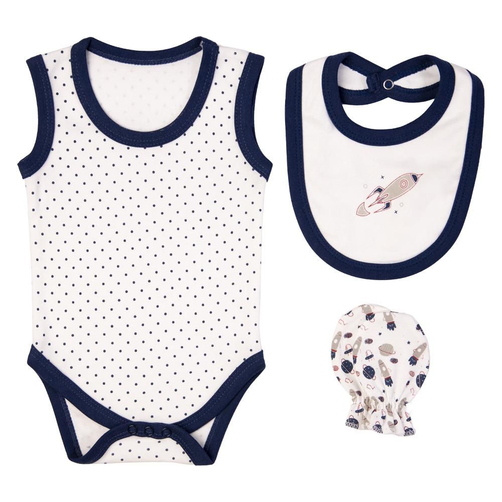 Babies Basic - 7pc Cotton Set - Bib, Romper, Mittens, Blanket, Cap, Top & Pyjama - Rocket - Navy Blue