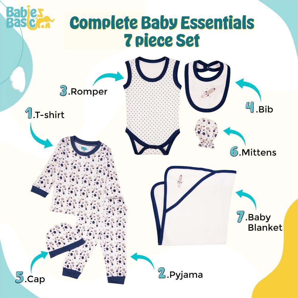 Babies Basic - 7pc Cotton Set - Bib, Romper, Mittens, Blanket, Cap, Top & Pyjama - Rocket - Navy Blue