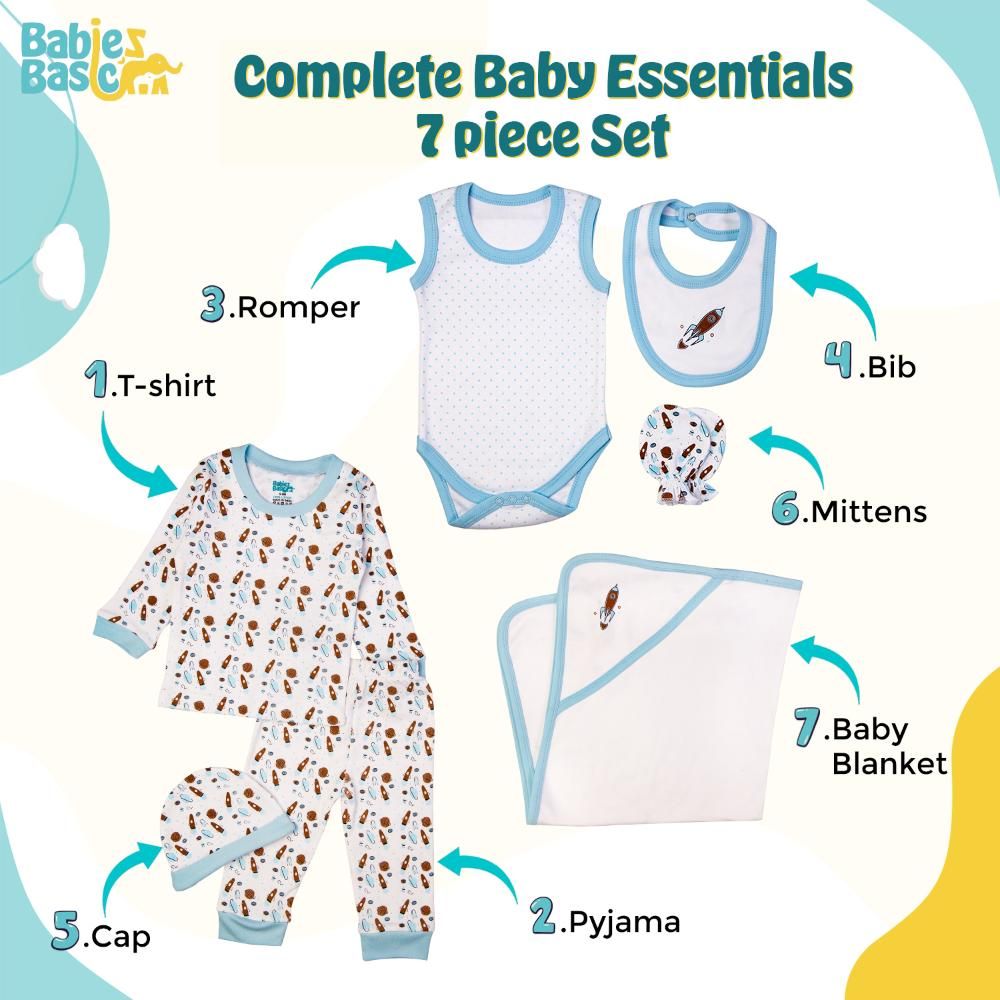 Babies Basic - 7pc Cotton Set - Bib, Romper, Mittens, Blanket, Cap, Top & Pyjama - Rocket - Sky Blue