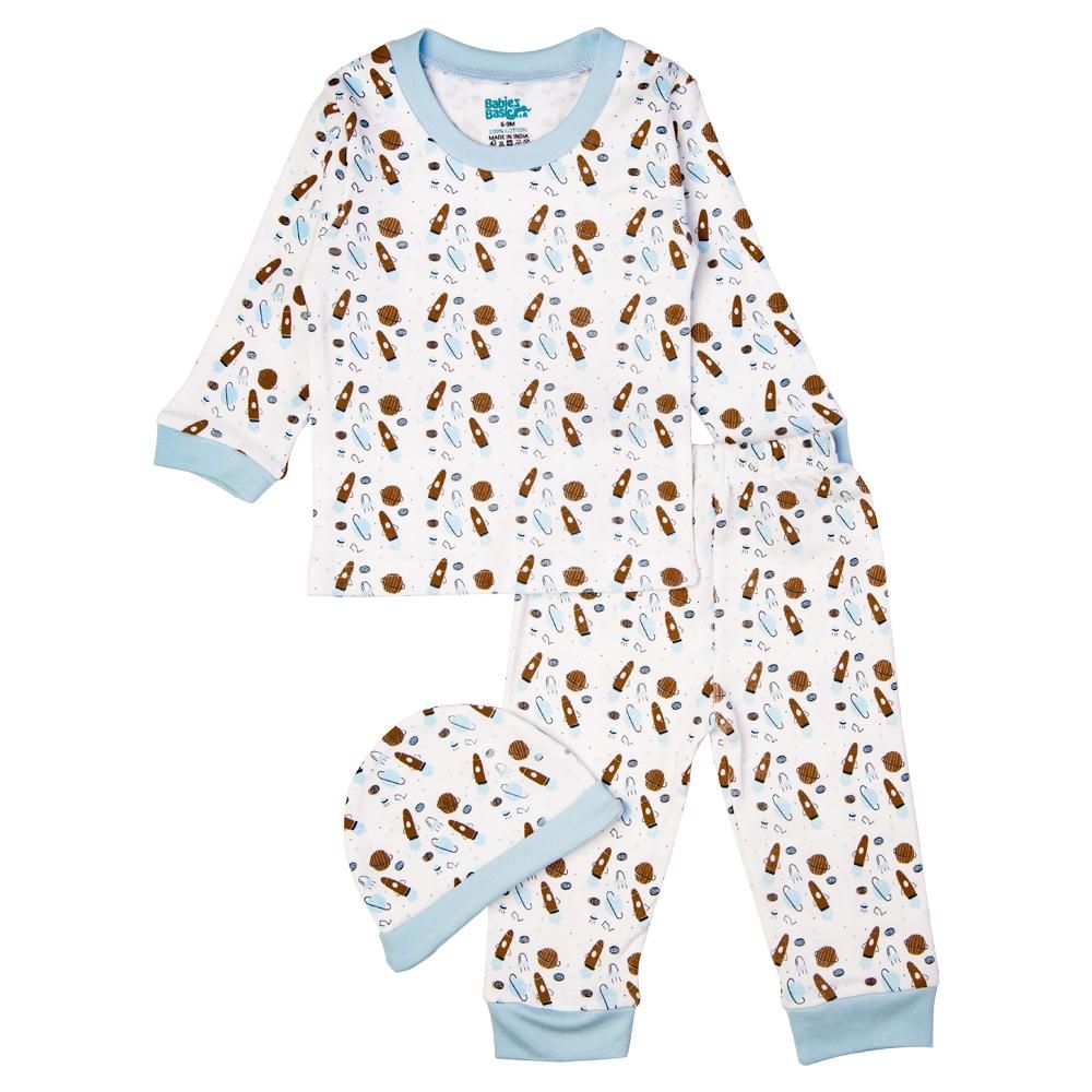 Babies Basic - 7pc Cotton Set - Bib, Romper, Mittens, Blanket, Cap, Top & Pyjama - Rocket - Sky Blue