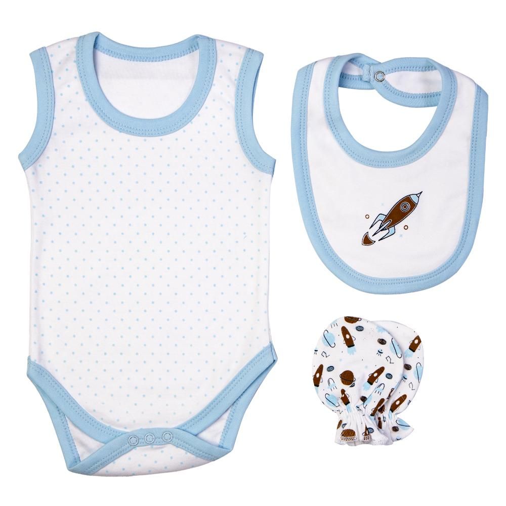 Babies Basic - 7pc Cotton Set - Bib, Romper, Mittens, Blanket, Cap, Top & Pyjama - Rocket - Sky Blue