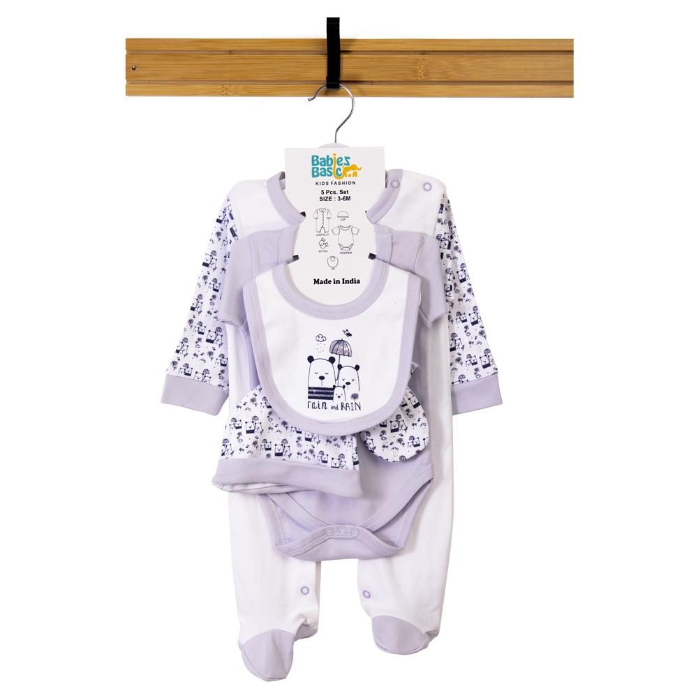 Babies Basic - 5pc Set - Bib, Romper, Mittens, Cap & Jumpsuit - Rain - Lavender