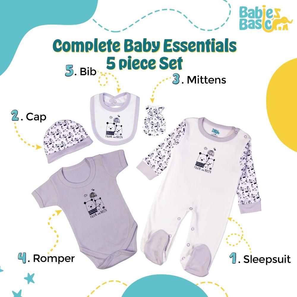 Babies Basic - 5pc Set - Bib, Romper, Mittens, Cap & Jumpsuit - Rain - Lavender