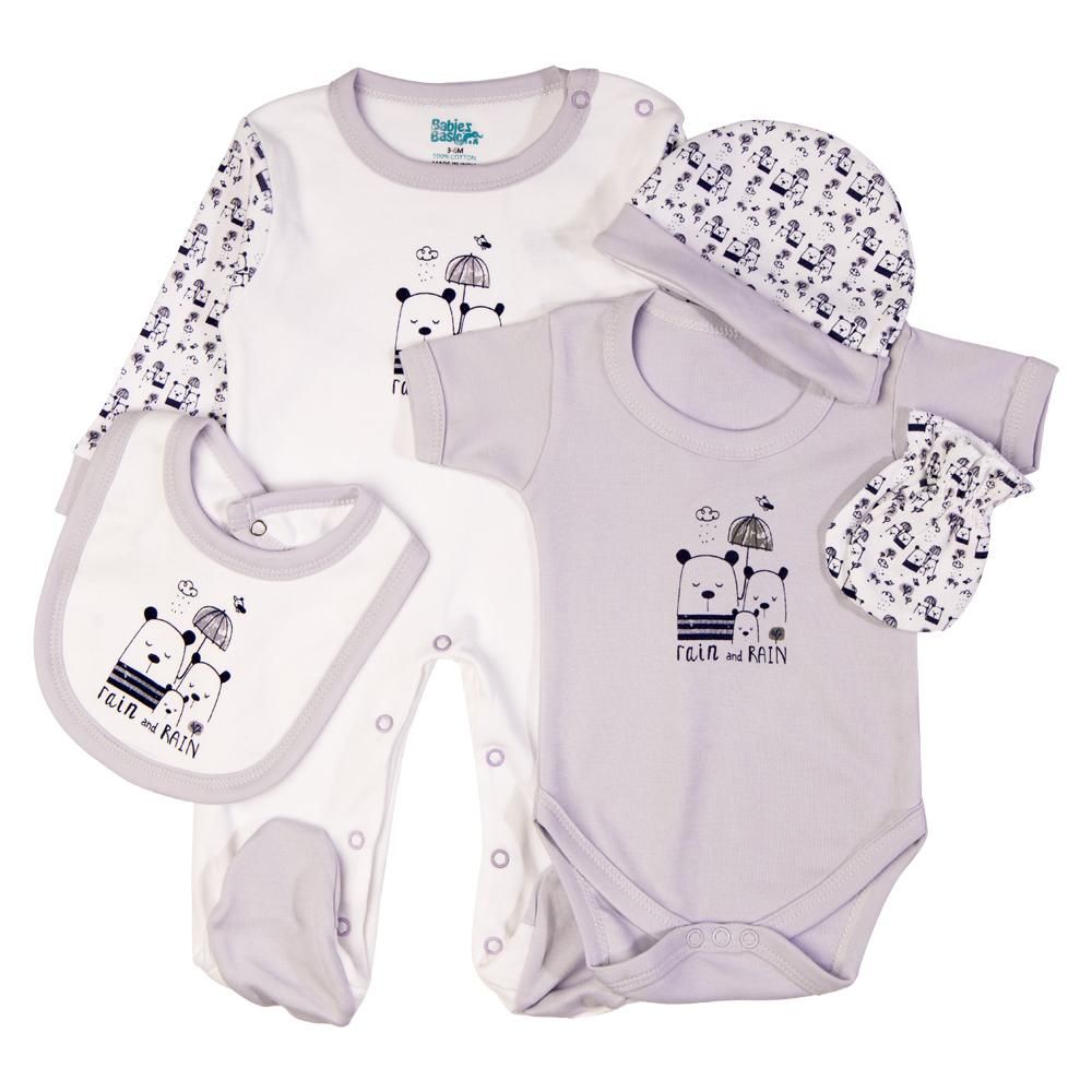 Babies Basic - 5pc Set - Bib, Romper, Mittens, Cap & Jumpsuit - Rain - Lavender