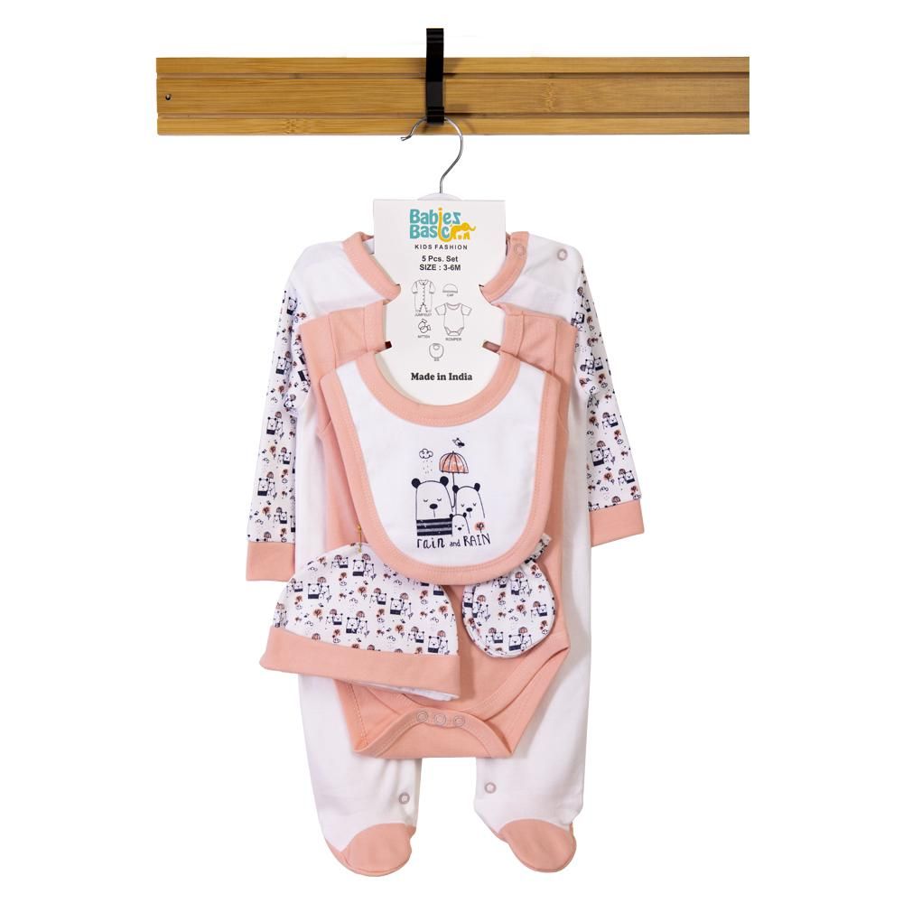 Babies Basic - 5pc Set - Bib, Romper, Mittens, Cap & Jumpsuit - Rain - Peach