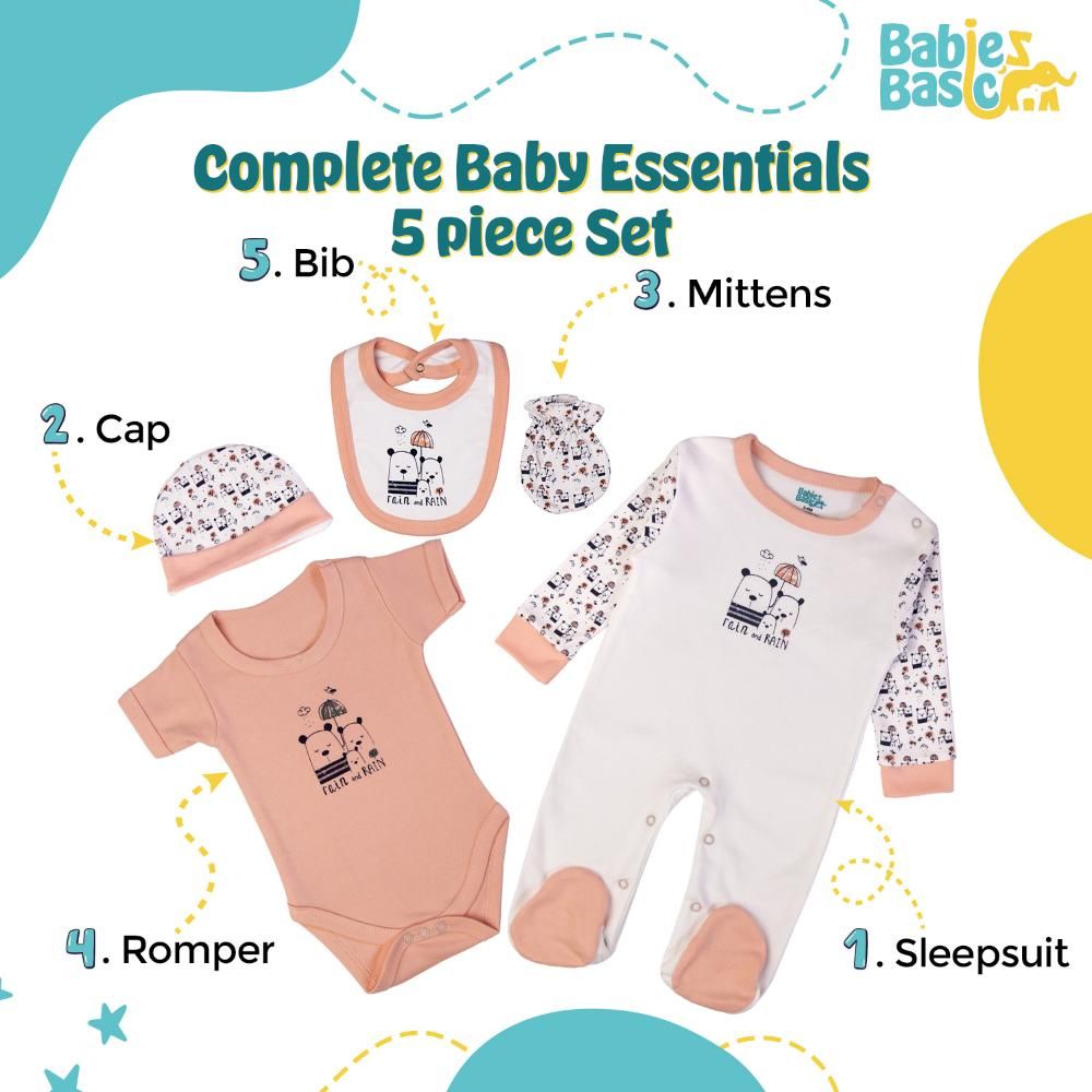 Babies Basic - 5pc Set - Bib, Romper, Mittens, Cap & Jumpsuit - Rain - Peach