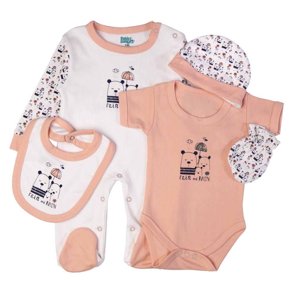 Babies Basic - 5pc Set - Bib, Romper, Mittens, Cap & Jumpsuit - Rain - Peach