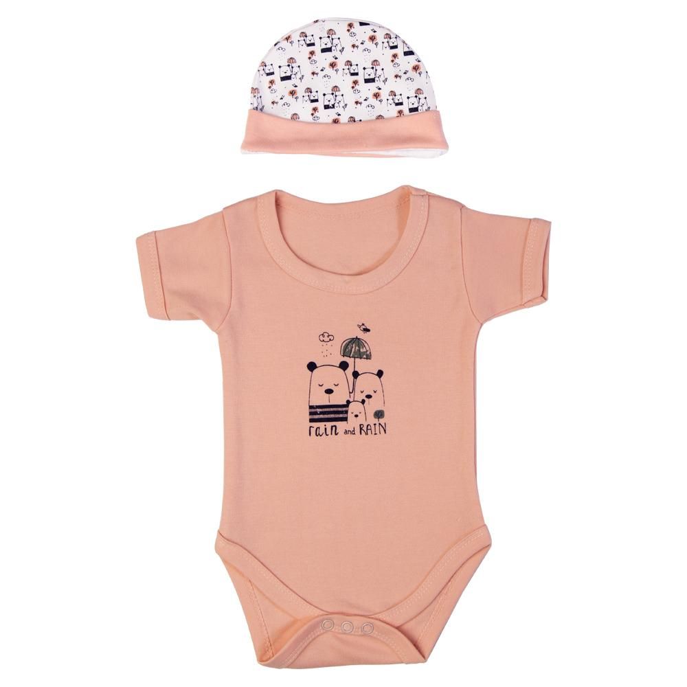 Babies Basic - 5pc Set - Bib, Romper, Mittens, Cap & Jumpsuit - Rain - Peach