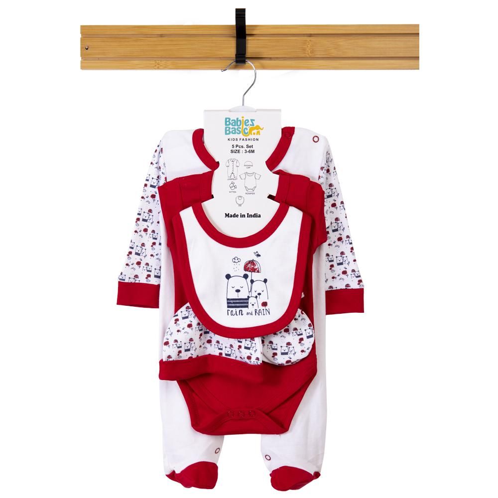 Babies Basic - 5pc Set - Bib, Romper, Mittens, Cap & Jumpsuit - Rain - Red