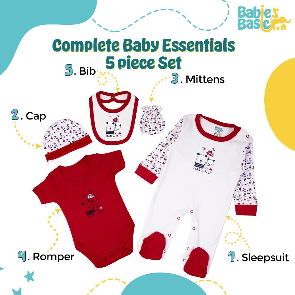 Babies Basic - 5pc Set - Bib, Romper, Mittens, Cap & Jumpsuit - Rain - Red