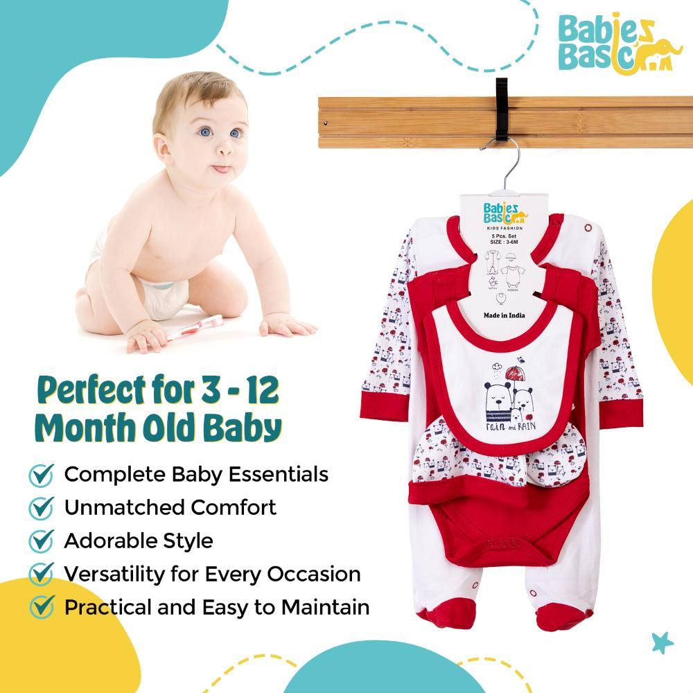 Babies Basic - 5pc Set - Bib, Romper, Mittens, Cap & Jumpsuit - Rain - Red