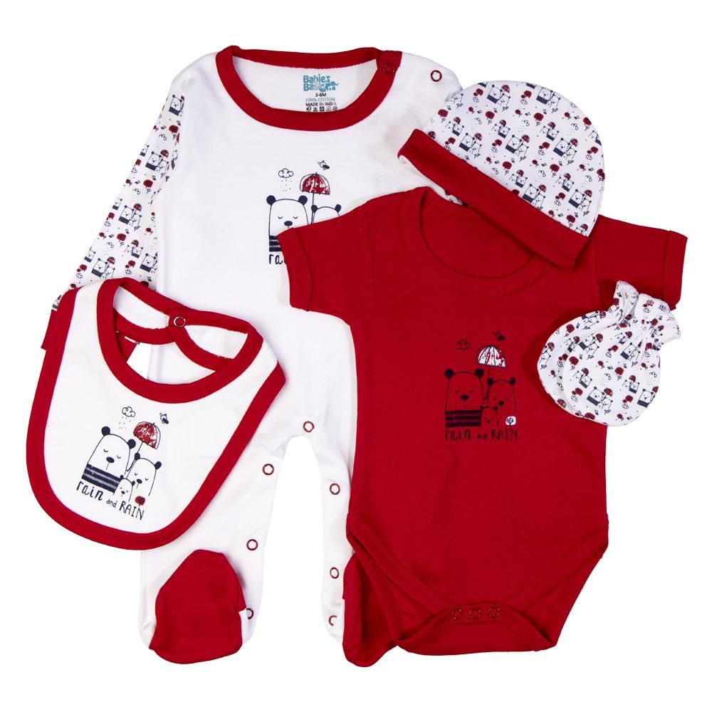 Babies Basic - 5pc Set - Bib, Romper, Mittens, Cap & Jumpsuit - Rain - Red