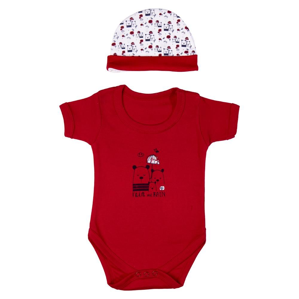 Babies Basic - 5pc Set - Bib, Romper, Mittens, Cap & Jumpsuit - Rain - Red