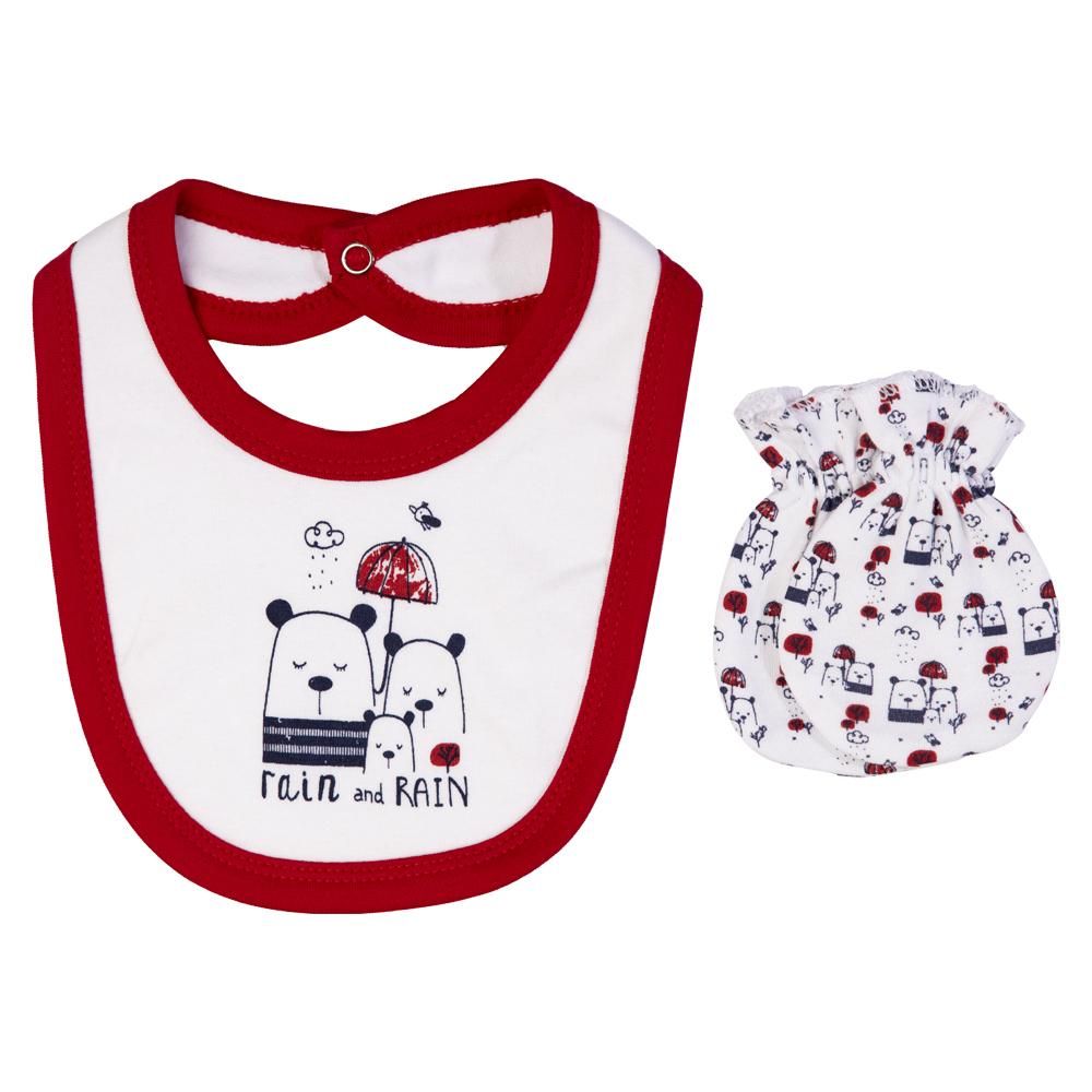 Babies Basic - 5pc Set - Bib, Romper, Mittens, Cap & Jumpsuit - Rain - Red