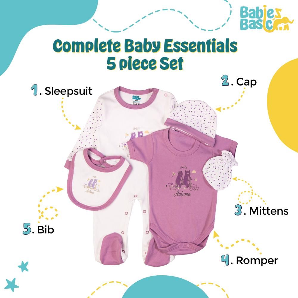 Babies Basic - 5pc Set - Bib, Romper, Mittens, Cap & Jumpsuit - Hello Autumn - Purple