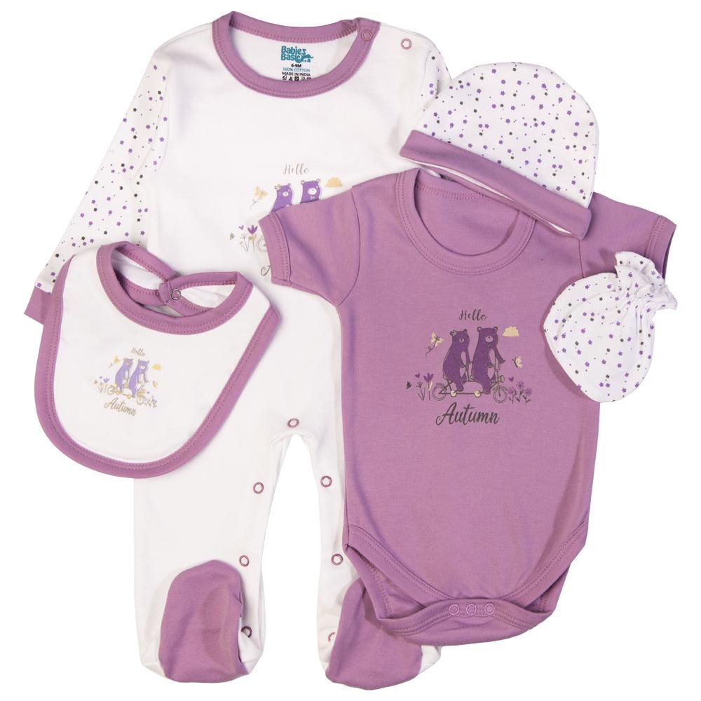 Babies Basic - 5pc Set - Bib, Romper, Mittens, Cap & Jumpsuit - Hello Autumn - Purple