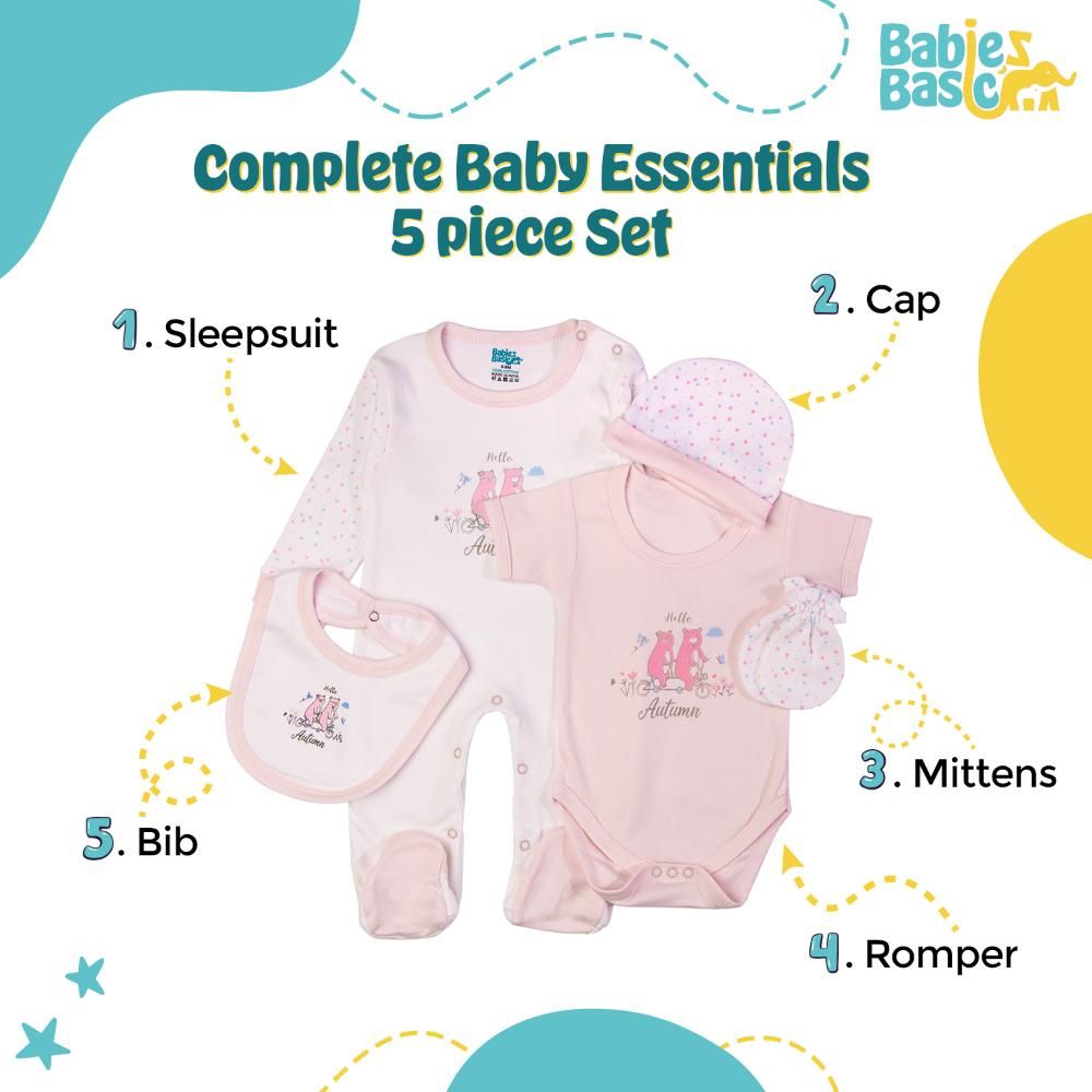 Babies Basic - 5pc Set - Bib, Romper, Mittens, Cap & Jumpsuit - Hello Autumn - Pink