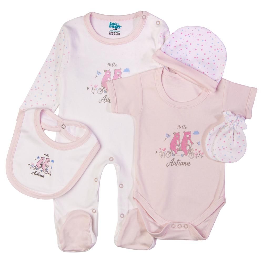 Babies Basic - 5pc Set - Bib, Romper, Mittens, Cap & Jumpsuit - Hello Autumn - Pink