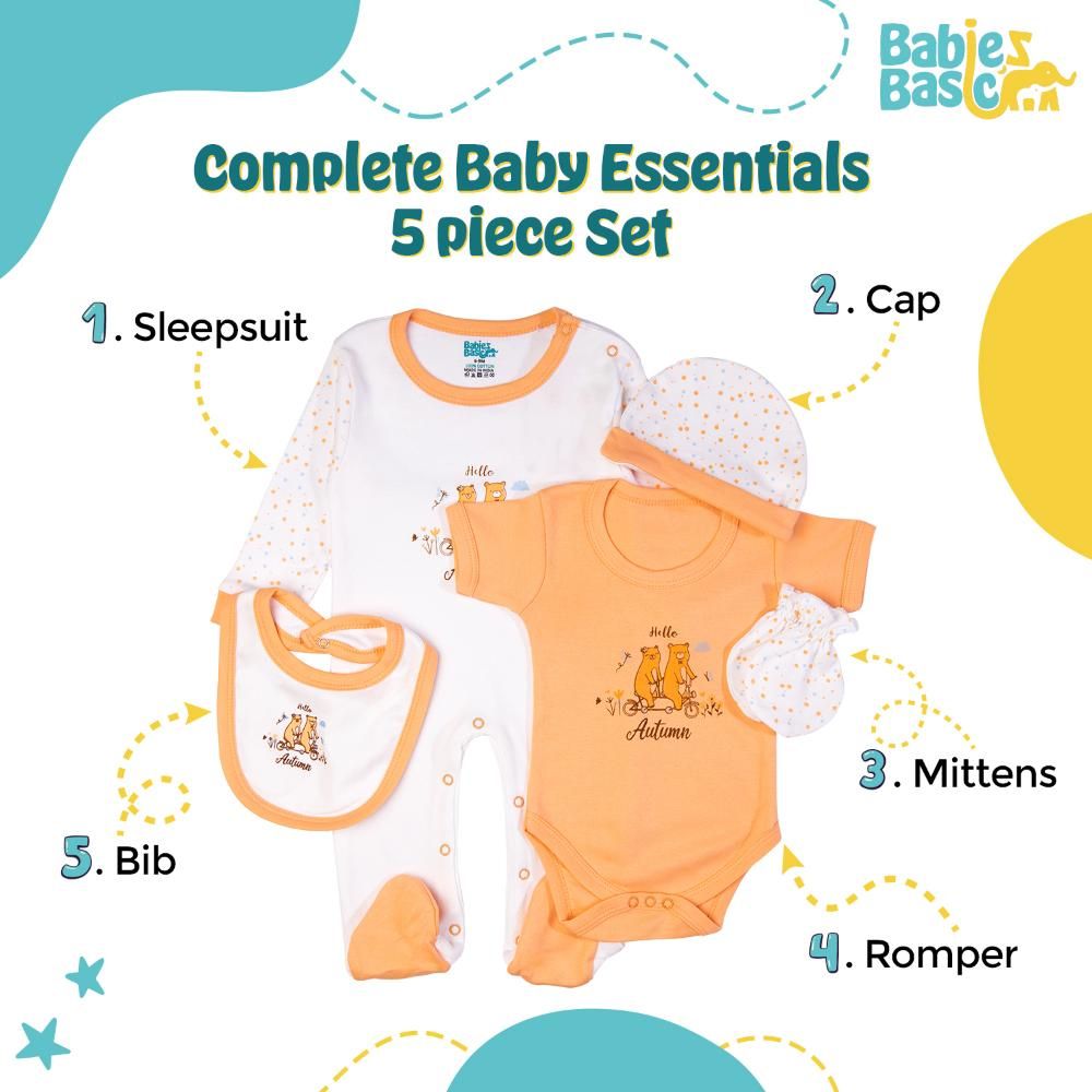 Babies Basic - 5pc Set - Bib, Romper, Mittens, Cap & Jumpsuit - Hello Autumn - Peach