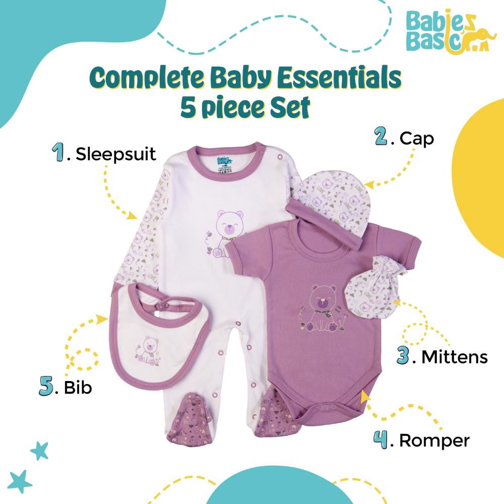 Babies Basic - 5pc Set - Bib, Romper, Mittens, Cap & Jumpsuit - Teddy - Purple