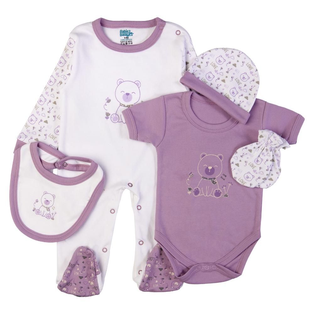 Babies Basic - 5pc Set - Bib, Romper, Mittens, Cap & Jumpsuit - Teddy - Purple