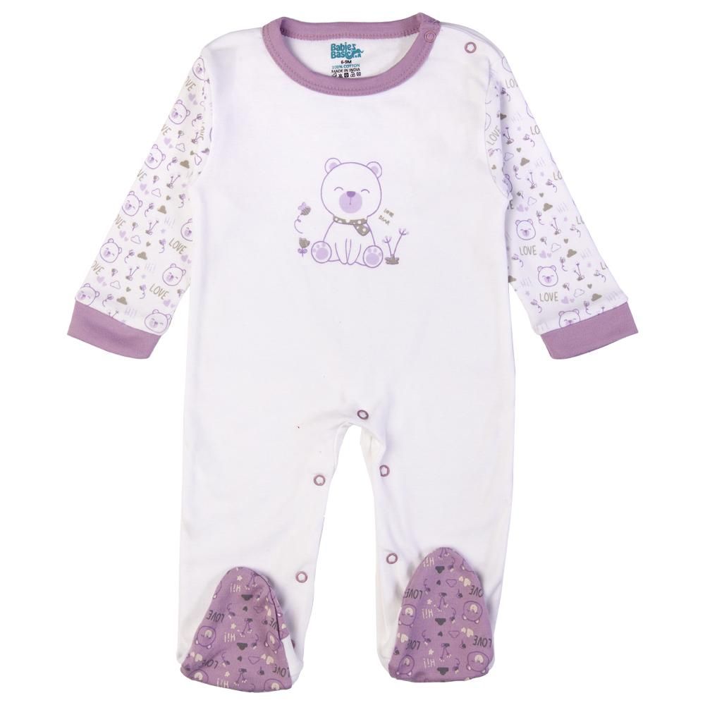 Babies Basic - 5pc Set - Bib, Romper, Mittens, Cap & Jumpsuit - Teddy - Purple