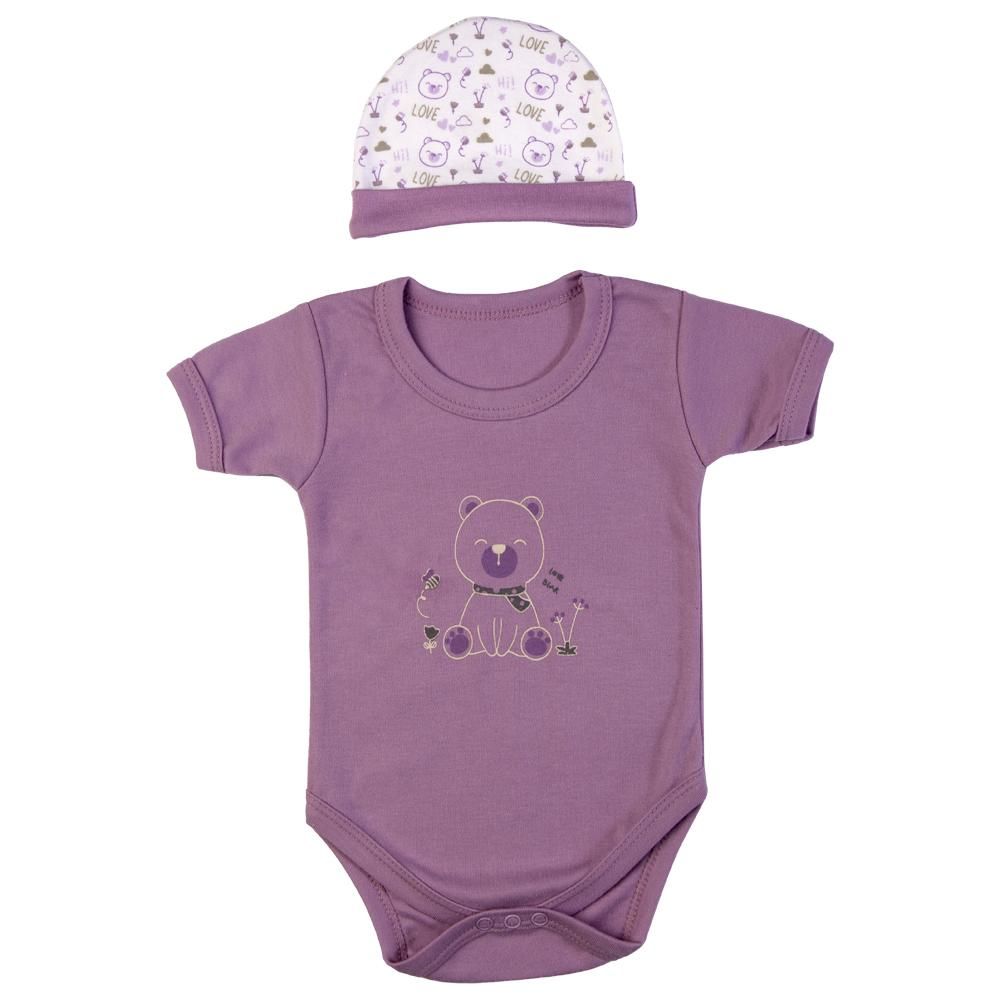 Babies Basic - 5pc Set - Bib, Romper, Mittens, Cap & Jumpsuit - Teddy - Purple