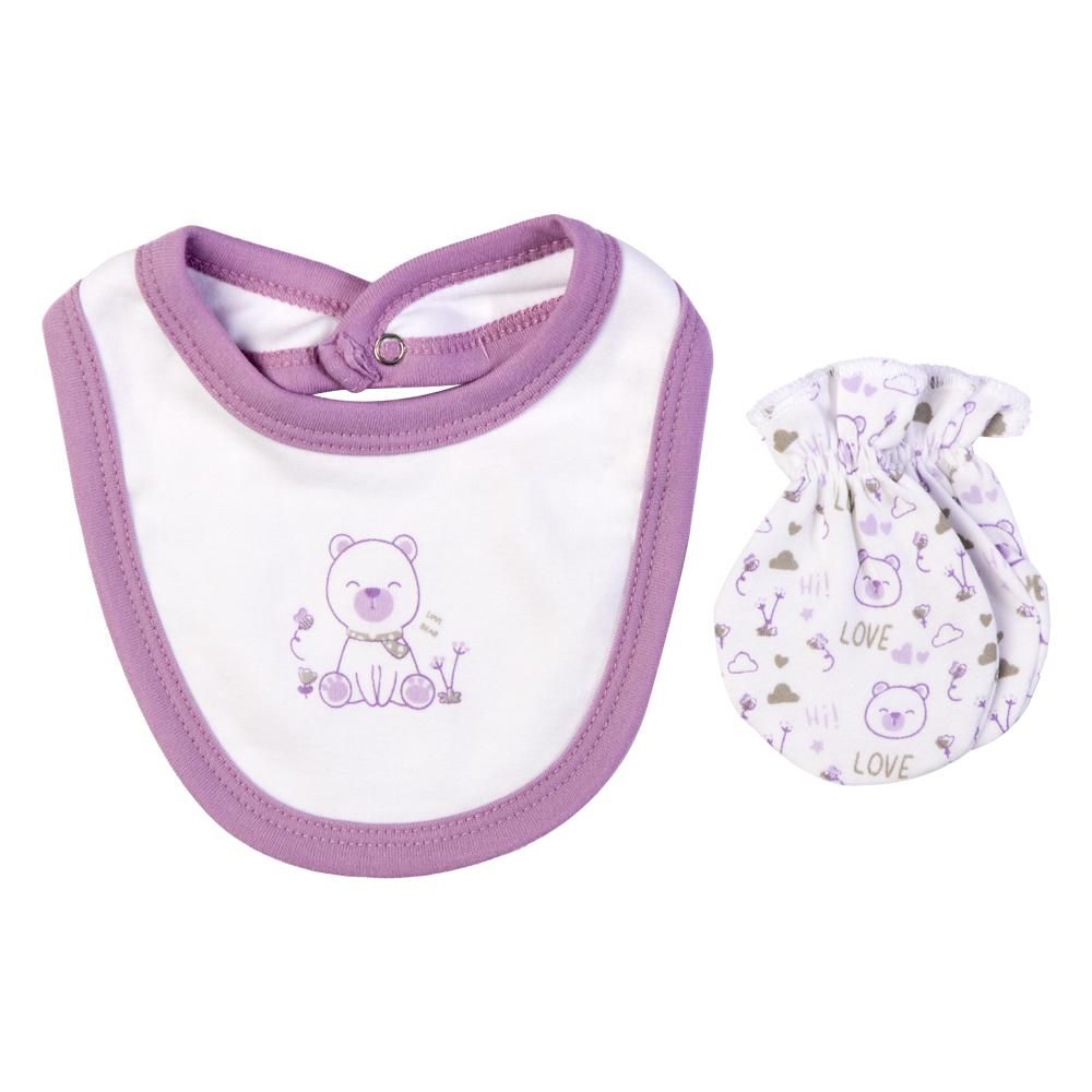 Babies Basic - 5pc Set - Bib, Romper, Mittens, Cap & Jumpsuit - Teddy - Purple