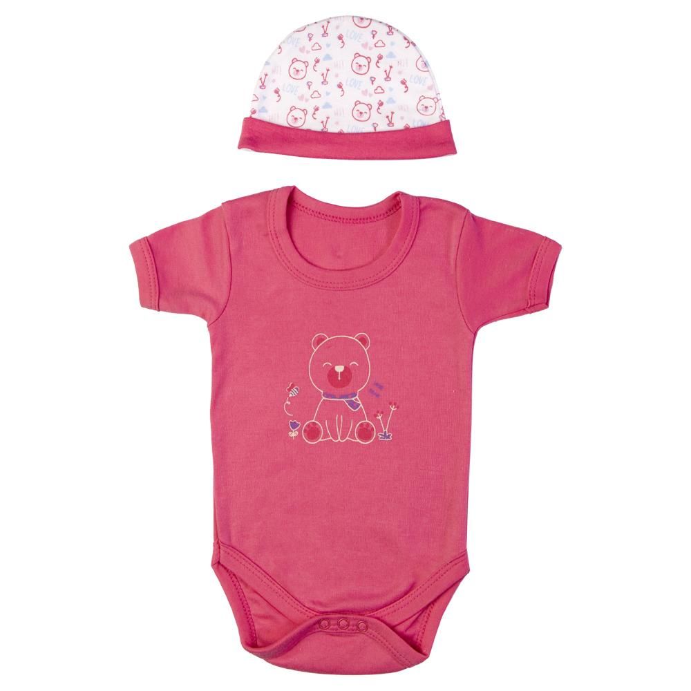 Babies Basic - 5pc Set - Bib, Romper, Mittens, Cap & Jumpsuit - Teddy - Rani Red