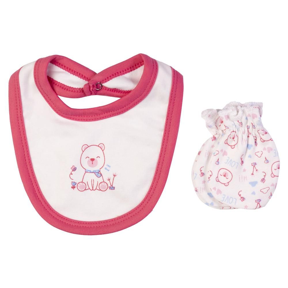 Babies Basic - 5pc Set - Bib, Romper, Mittens, Cap & Jumpsuit - Teddy - Rani Red