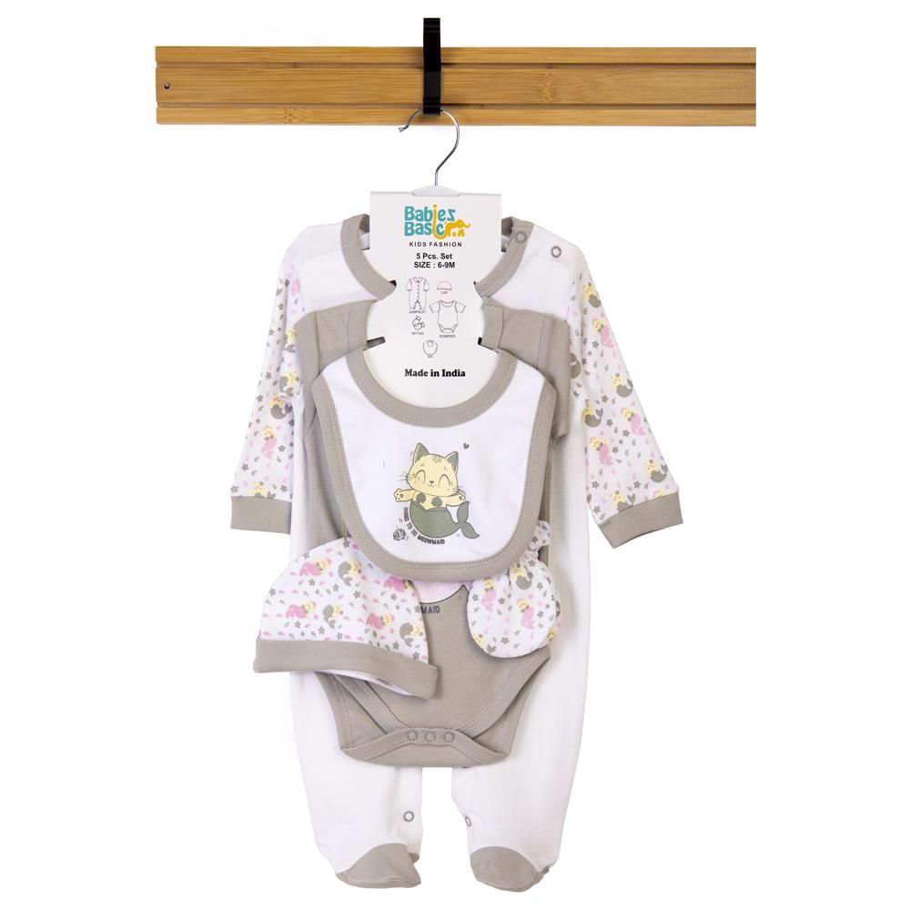 Babies Basic - 5pc Set - Bib, Romper, Mittens, Cap & Jumpsuit - Meowmaid - Grey