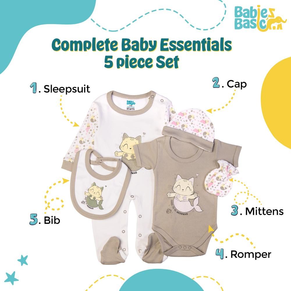 Babies Basic - 5pc Set - Bib, Romper, Mittens, Cap & Jumpsuit - Meowmaid - Grey