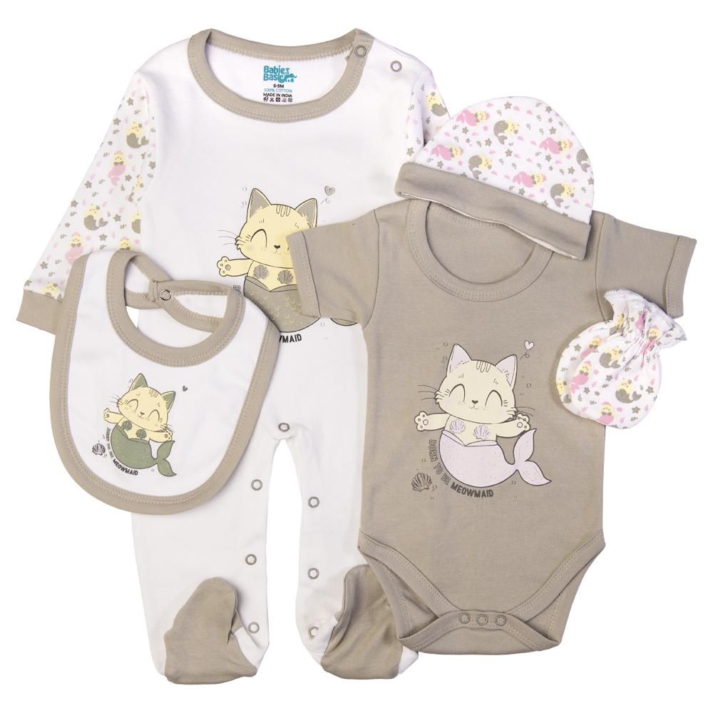 Babies Basic - 5pc Set - Bib, Romper, Mittens, Cap & Jumpsuit - Meowmaid - Grey