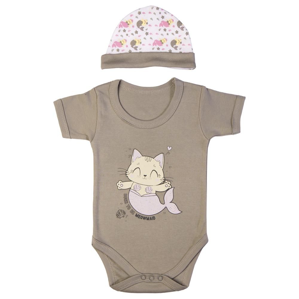 Babies Basic - 5pc Set - Bib, Romper, Mittens, Cap & Jumpsuit - Meowmaid - Grey