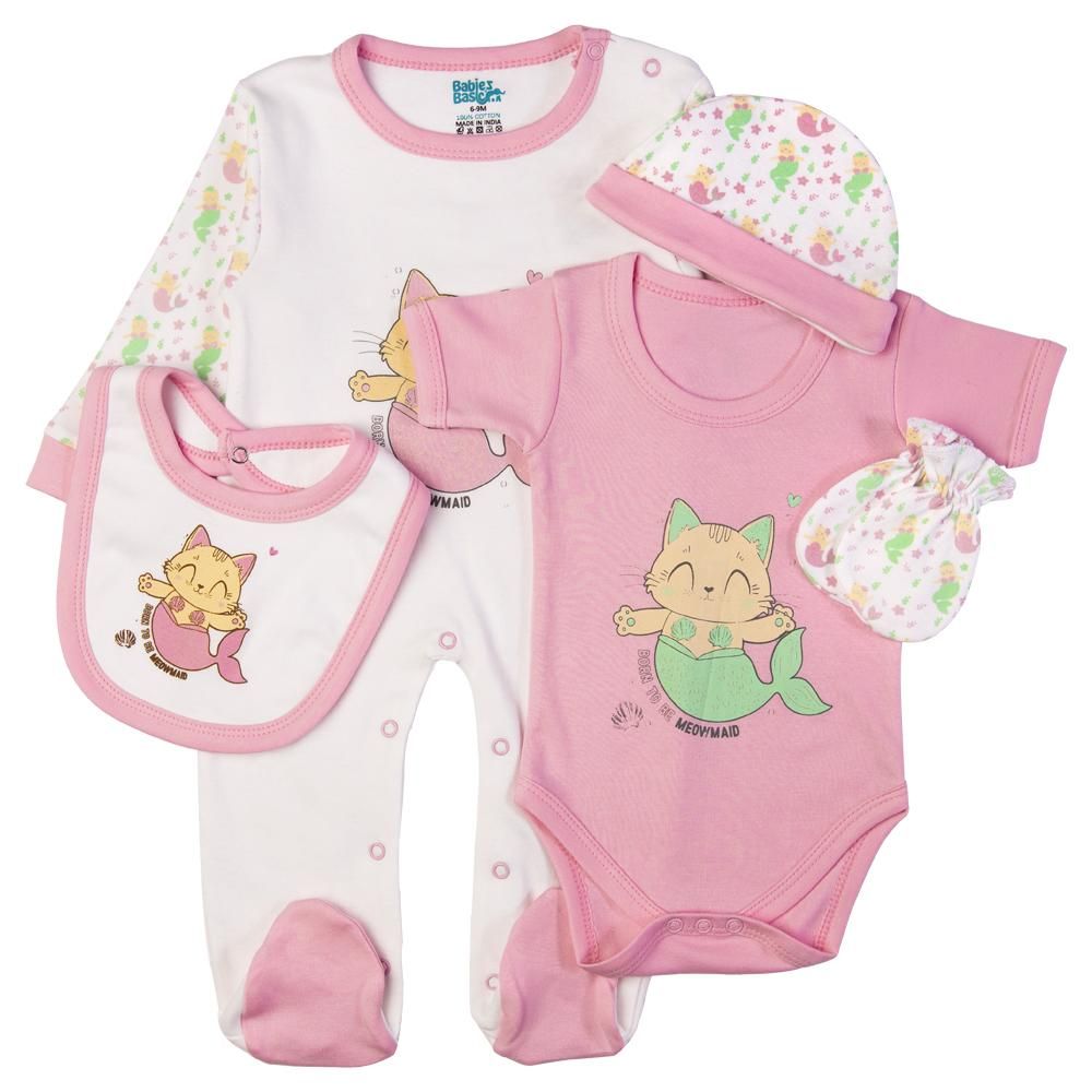 Babies Basic - 5pc Set - Bib, Romper, Mittens, Cap & Jumpsuit - Meowmaid - Pink