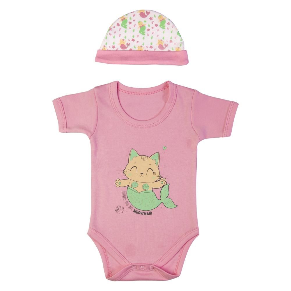 Babies Basic - 5pc Set - Bib, Romper, Mittens, Cap & Jumpsuit - Meowmaid - Pink