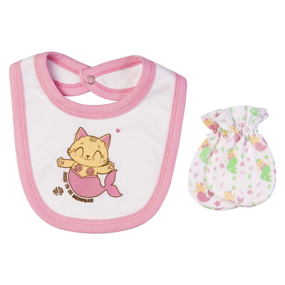 Babies Basic - 5pc Set - Bib, Romper, Mittens, Cap & Jumpsuit - Meowmaid - Pink