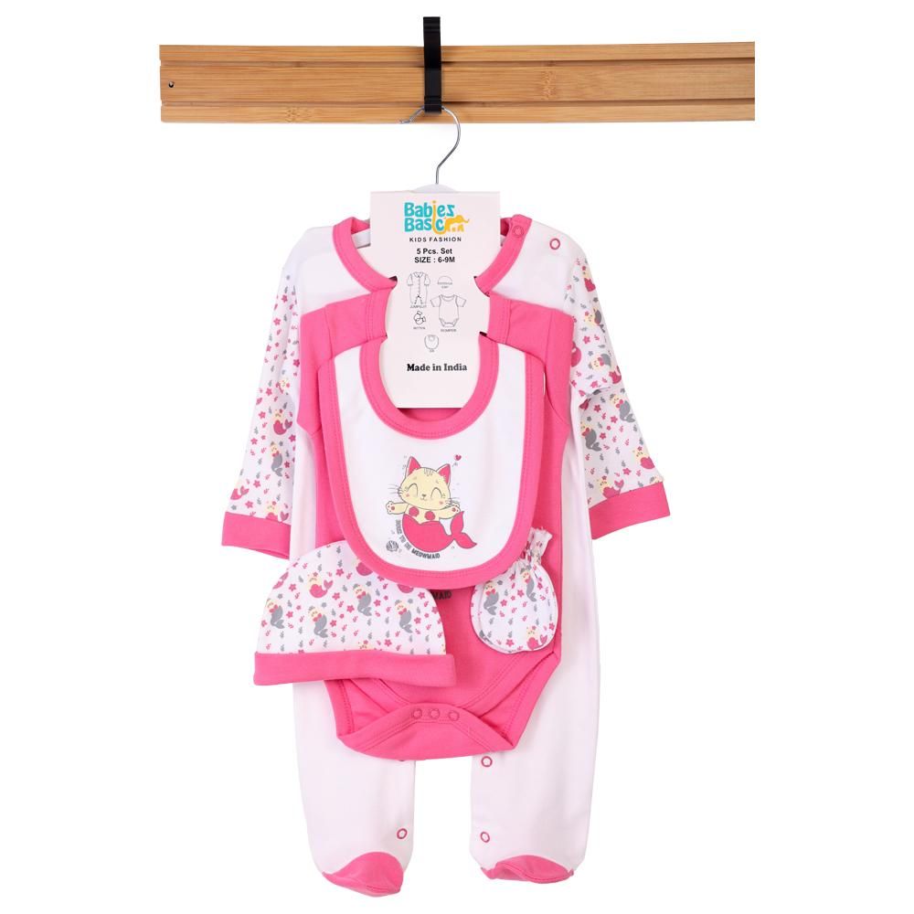 Babies Basic - 5pc Set - Bib, Romper, Mittens, Cap & Jumpsuit - Meowmaid - Pink