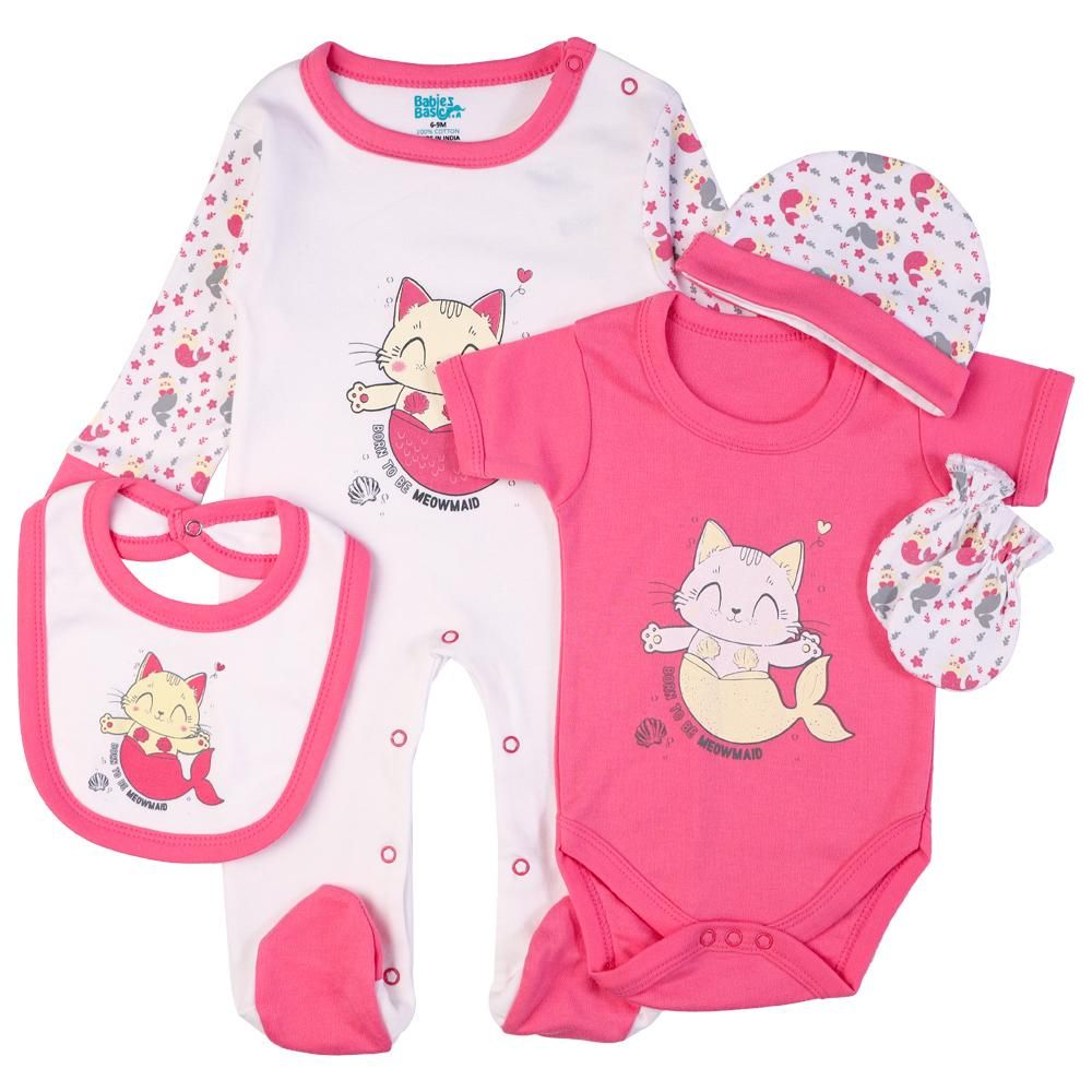 Babies Basic - 5pc Set - Bib, Romper, Mittens, Cap & Jumpsuit - Meowmaid - Pink